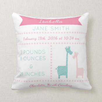 Giraffe Birth Stats Pink Mint Aqua Teal Pillow by Kookyburra at Zazzle