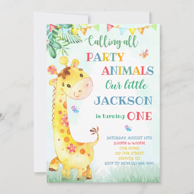Giraffe birthday invitation Safari invitation (Front)