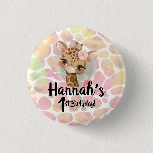 Giraffe Birthday party design in watercolor Button (Front)