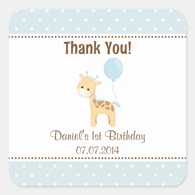 Giraffe Birthday Thank You Stickers (Blue) (Front)