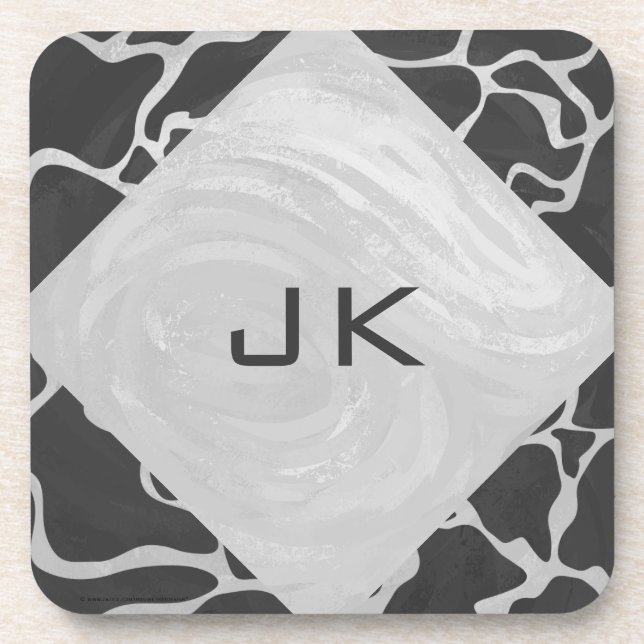 Giraffe Black and Light Gray Monogram Drink Coaster (Front)