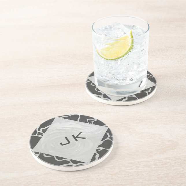 Giraffe Black and Light Gray Monogram Drink Coaster (Side)