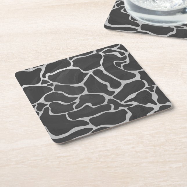 Giraffe Black and Light Gray Print Square Paper Coaster (Angled)