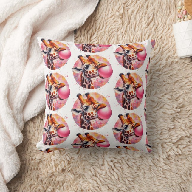 Giraffe Blowing Bubblegum Print Throw Pillow (Blanket)