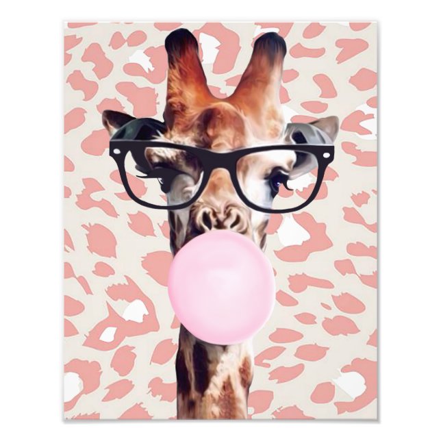 Giraffe Blowing Gum with animal print background (Front)