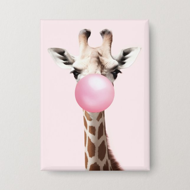 Giraffe Blowing Pink Bubble Gum Whimsical Art Button (Front)