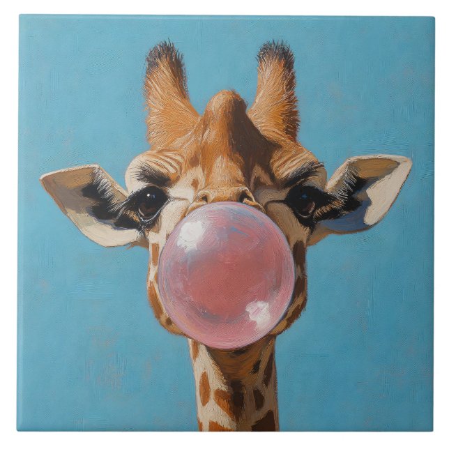 Giraffe Blowing Pink Bubblegum Bubble Ceramic Tile (Front)