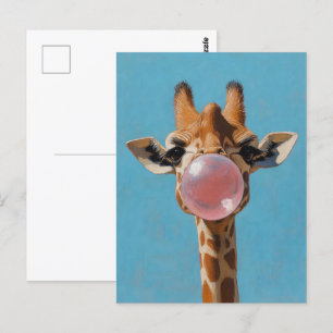 Giraffe Blowing Pink Bubblegum Bubble Postcard