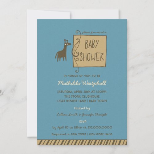 Giraffe Blue Baby Boy Shower Invitation