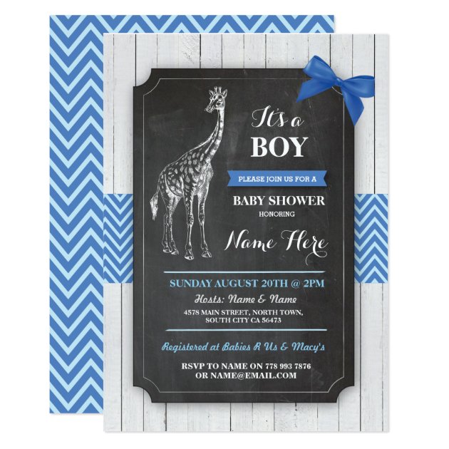 Giraffe Blue Baby Shower Party Boy Wood Invite