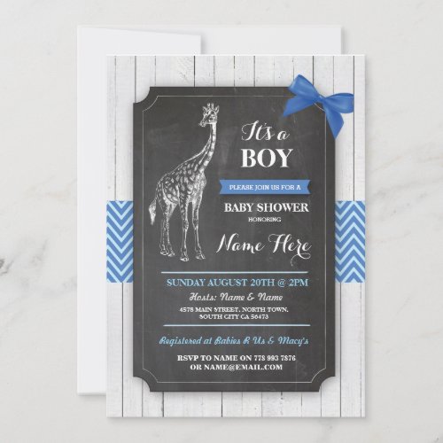 Giraffe Blue Baby Shower Party Boy Wood Invite