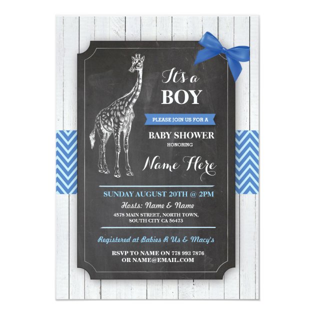 Giraffe Blue Baby Shower Party Boy Wood Invite