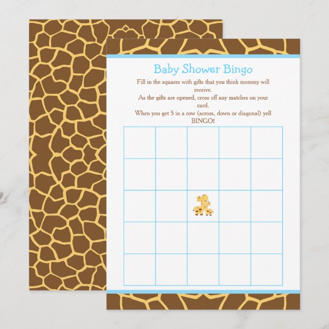 Giraffe Blue Boy Baby Shower Bingo Invitation (Front/Back)