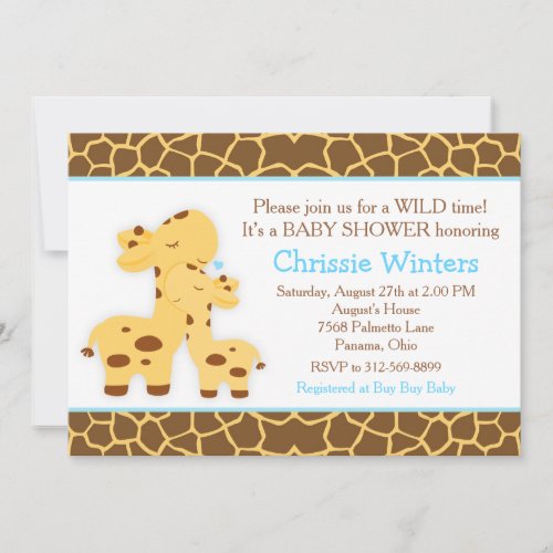 Giraffe Blue Boy Baby Shower Invitation