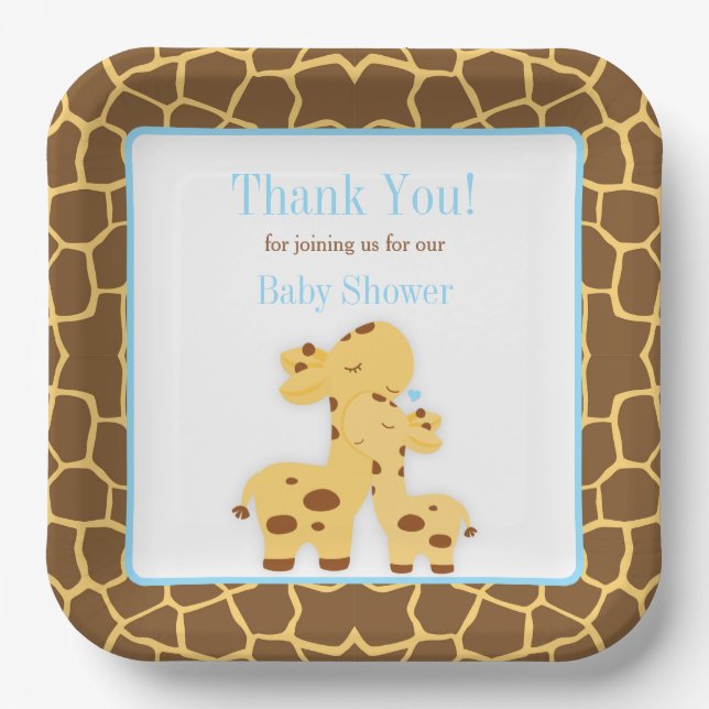 Giraffe Blue Boy Baby Shower Paper Plates (Front)