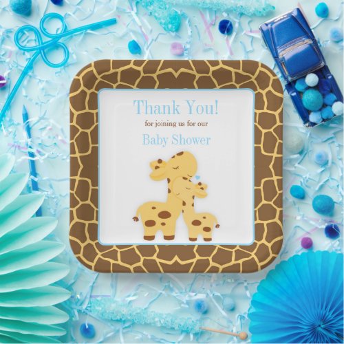 Giraffe Blue Boy Baby Shower Paper Plates