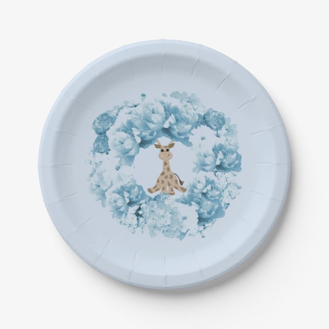 Giraffe Blue Floral Wreath Paper Plates (Front)
