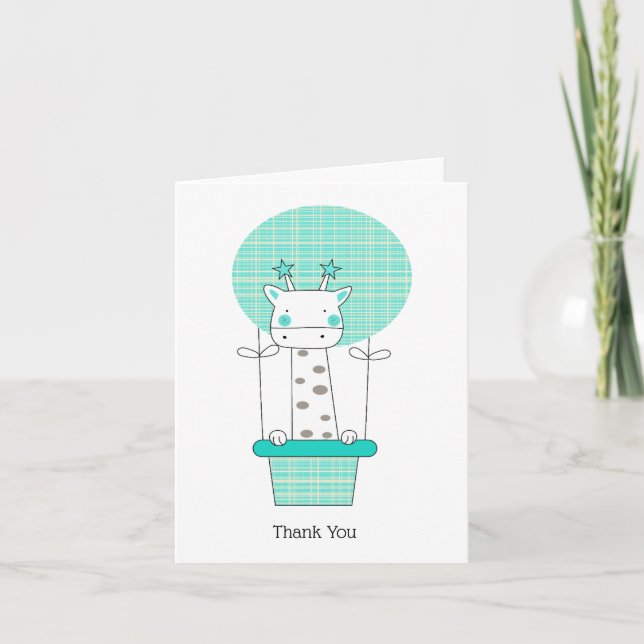 Giraffe Blue Hot Air Balloon Boy Thank You Card (Front)