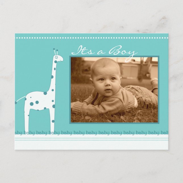 Giraffe Blue Its a Boy announcement Postcard (Front)