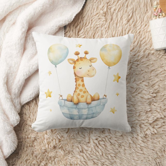 Giraffe Blue Yellow Basket Balloons Boys Nursery Throw Pillow (Blanket)