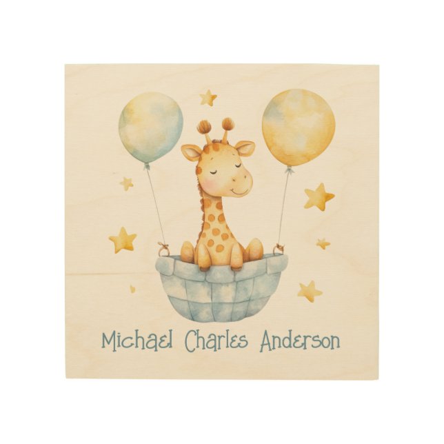 Giraffe Blue Yellow Basket Balloons Boys Nursery Wood Wall Art (Front)