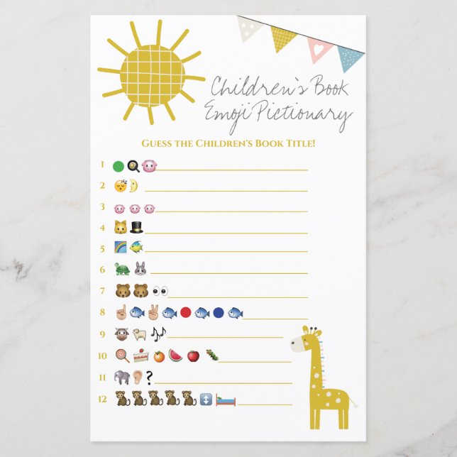 Giraffe Book Emoji Pictionary Baby Shower Game (Front)
