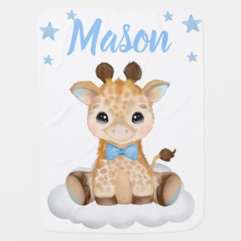 Giraffe Bow Tie Baby Blankets Star Blue Name by ADLYBABY at Zazzle