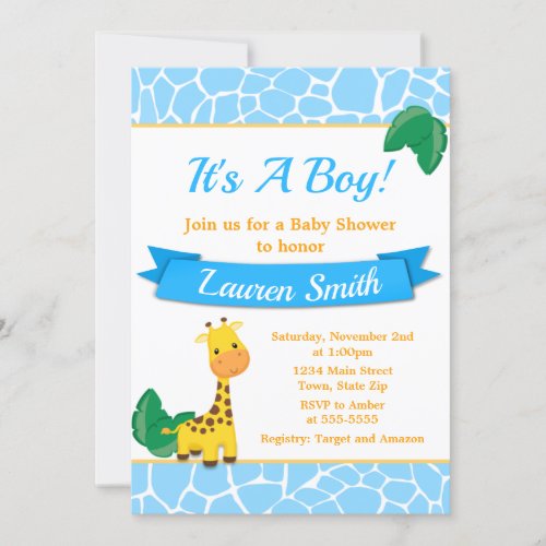 Giraffe Boy Baby Shower Invitation Card