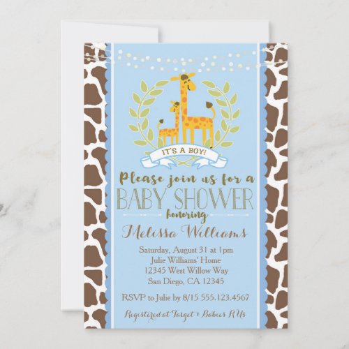 Giraffe Boy Blue Baby Shower Invitation