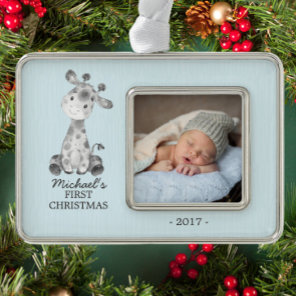 Giraffe Boys Baby's First Christmas Photo Ornament