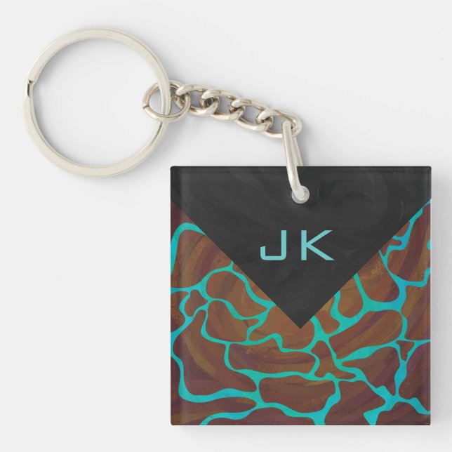 Giraffe Brown and Teal Print Keychain (Front)