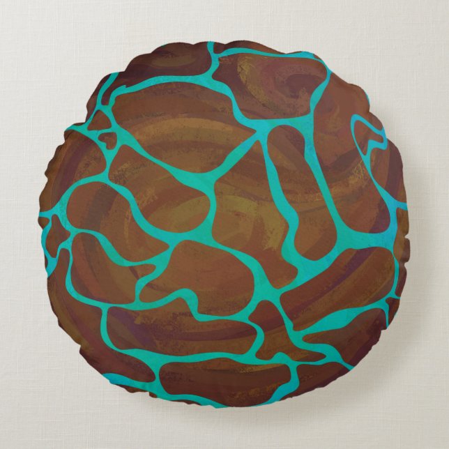 Giraffe Brown and Teal Print Round Pillow (Front)