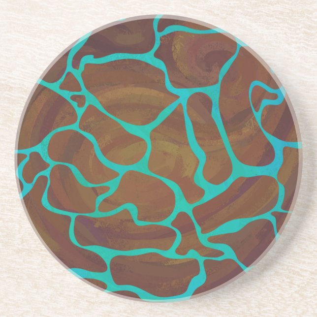Giraffe Brown and Teal Print Sandstone Coaster (Front)
