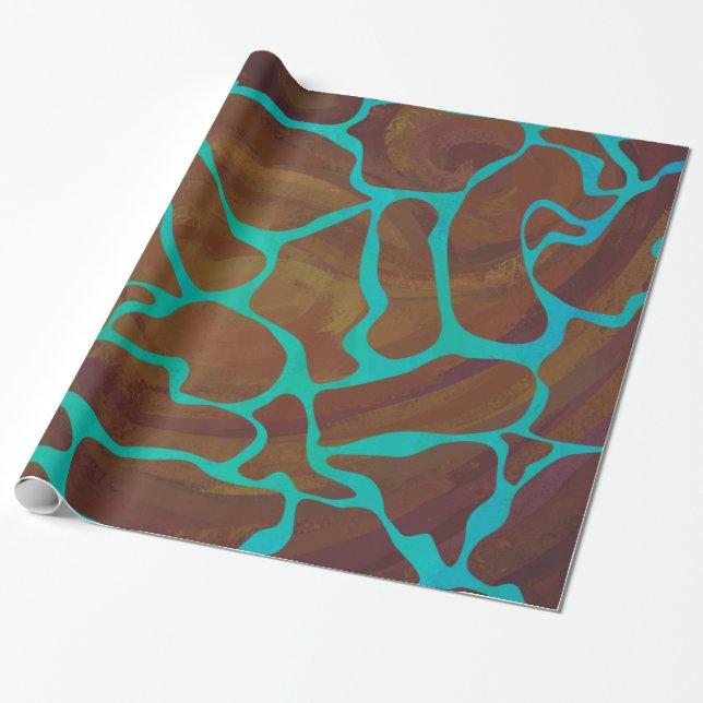 Giraffe Brown and Teal Print Wrapping Paper (Unrolled)