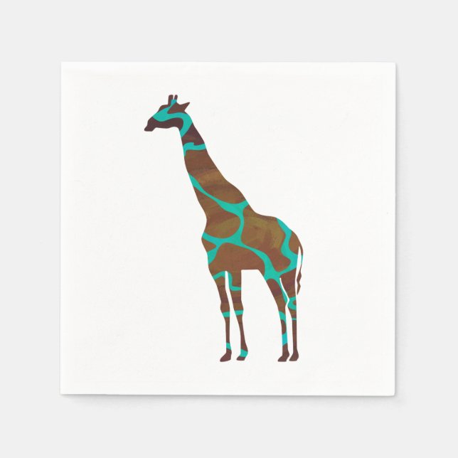 Giraffe Brown and Teal Silhouette Paper Napkins (Front)