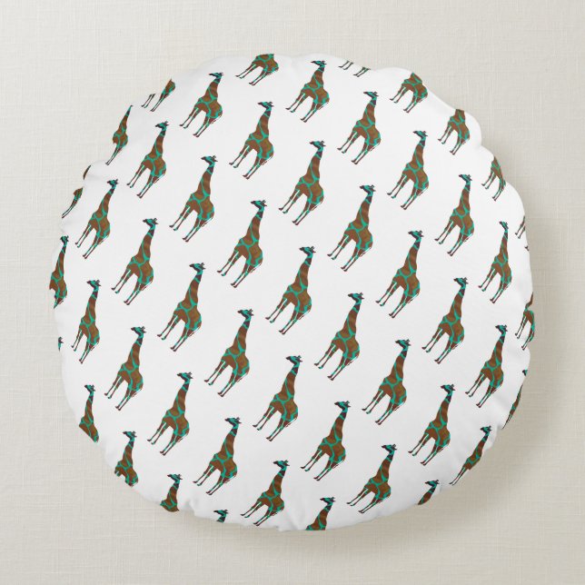 Giraffe Brown and Teal Siloette Round Pillow (Front)