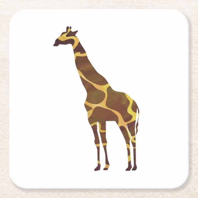 Giraffe Brown and Yellow Silhouette Square Paper Coaster (Front)
