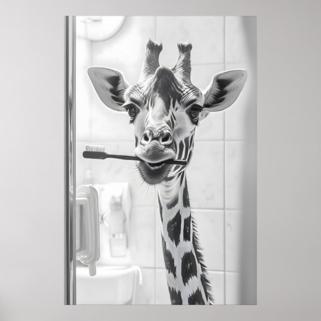 Giraffe Brushing Teeth Print, Funny Bathroom Poster (Front)