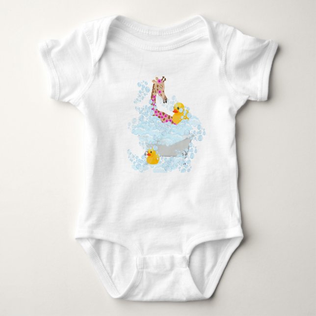 Giraffe, bubble bath, and rubber duckies baby bodysuit (Front)