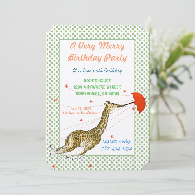 Giraffe Butterfly Birthday Party Invitation (Standing Front)