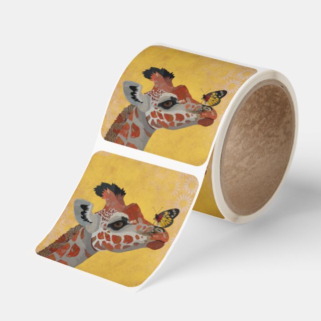 GIRAFFE & BUTTERFLY SQUARE STICKER (Roll)