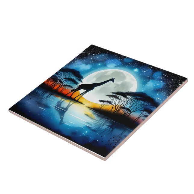 Giraffe by a Moonlit Lake Under a Starry Sky Ceramic Tile (Side)