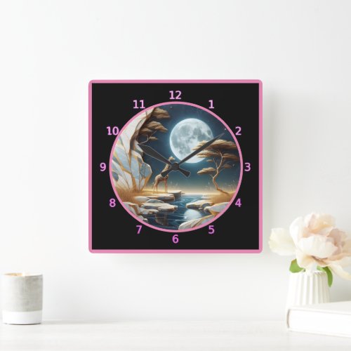 Giraffe by moonlit river in Africa Square Wall Clock