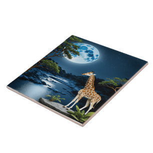 Giraffe By Moonlit River Under Starlit Sky Ceramic Tile