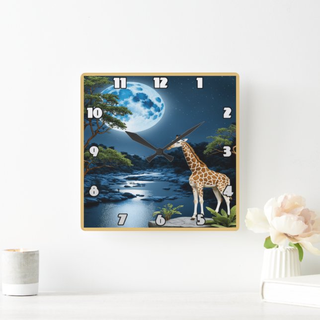 Giraffe By Moonlit River Under Starlit Sky Square Wall Clock (Home)