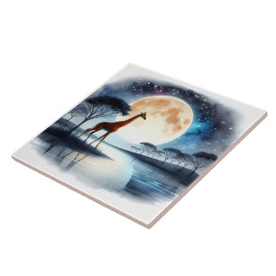 Giraffe by Serene Lake Under Full Moonlight Ceramic Tile