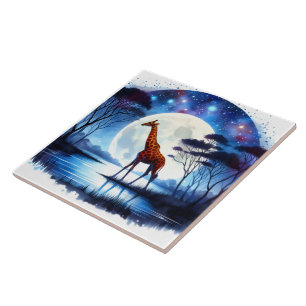 Giraffe by the Lake Under a Full Moon at Night Ceramic Tile