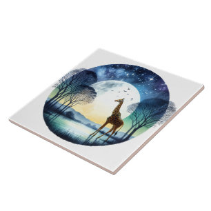 Giraffe by the Moonlit Lake Under a Starry Sky Ceramic Tile