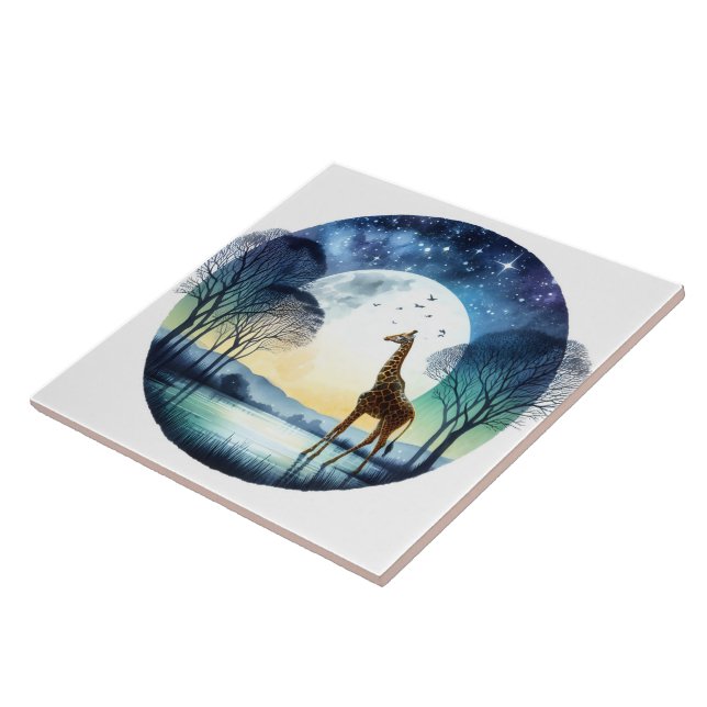 Giraffe by the Moonlit Lake Under a Starry Sky Ceramic Tile (Side)