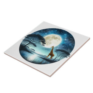 Giraffe by the Serene Moonlit Lake at Night Ceramic Tile